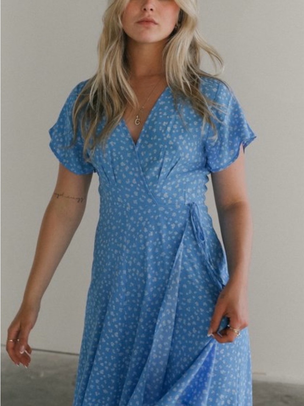 ROLLA'S Blue Floral Wrap Midi Dress